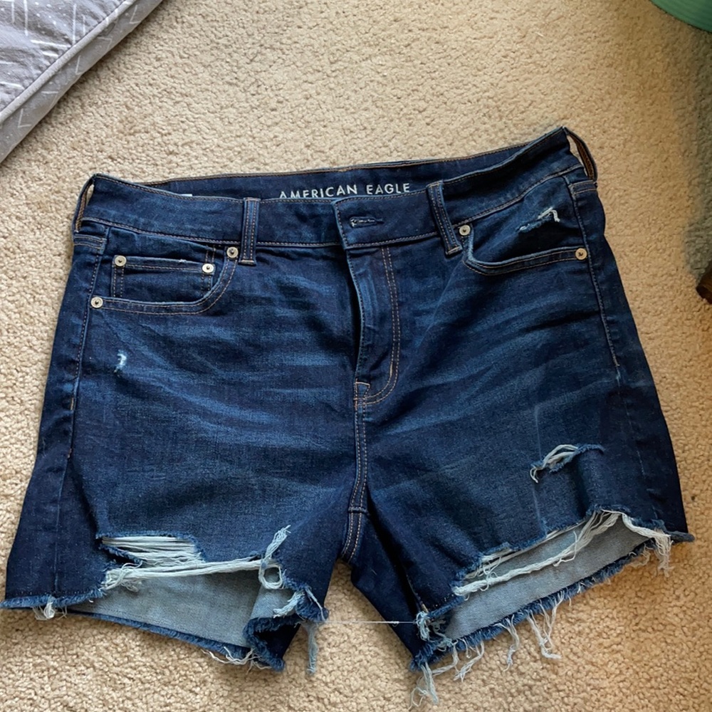 American Eagle Dark Wash Distressed Midi Shorts